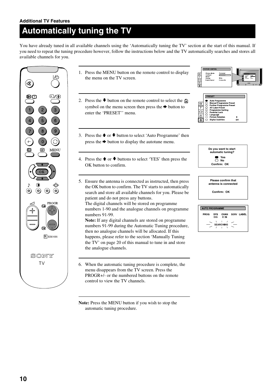 Automatically tuning the tv | Sony FD Trinitron KV-32DX20U User Manual | Page 12 / 34
