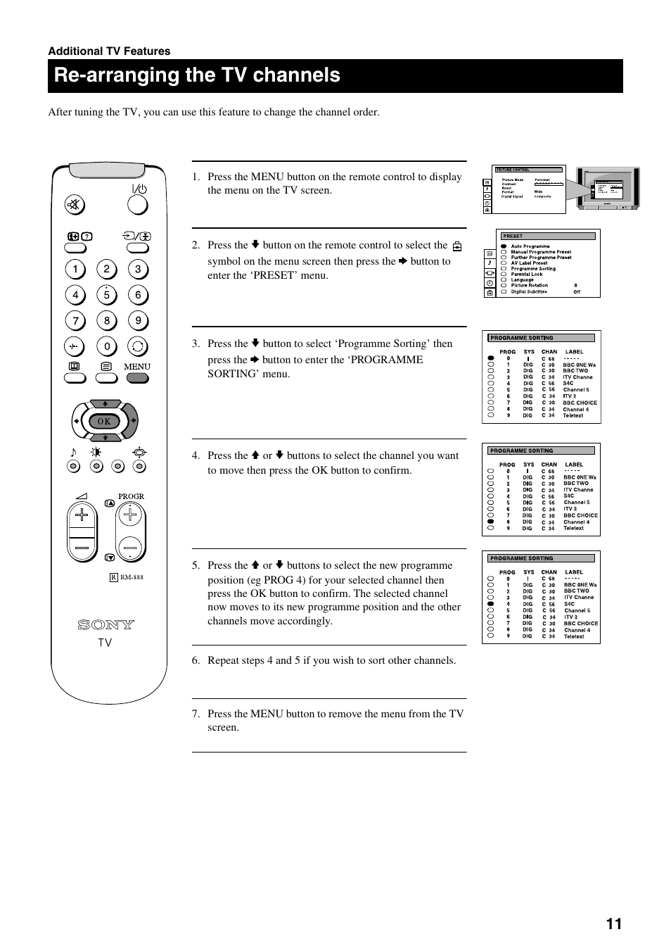 Re-arranging the tv channels | Sony FD Trinitron KV-32DX20U User Manual | Page 13 / 34
