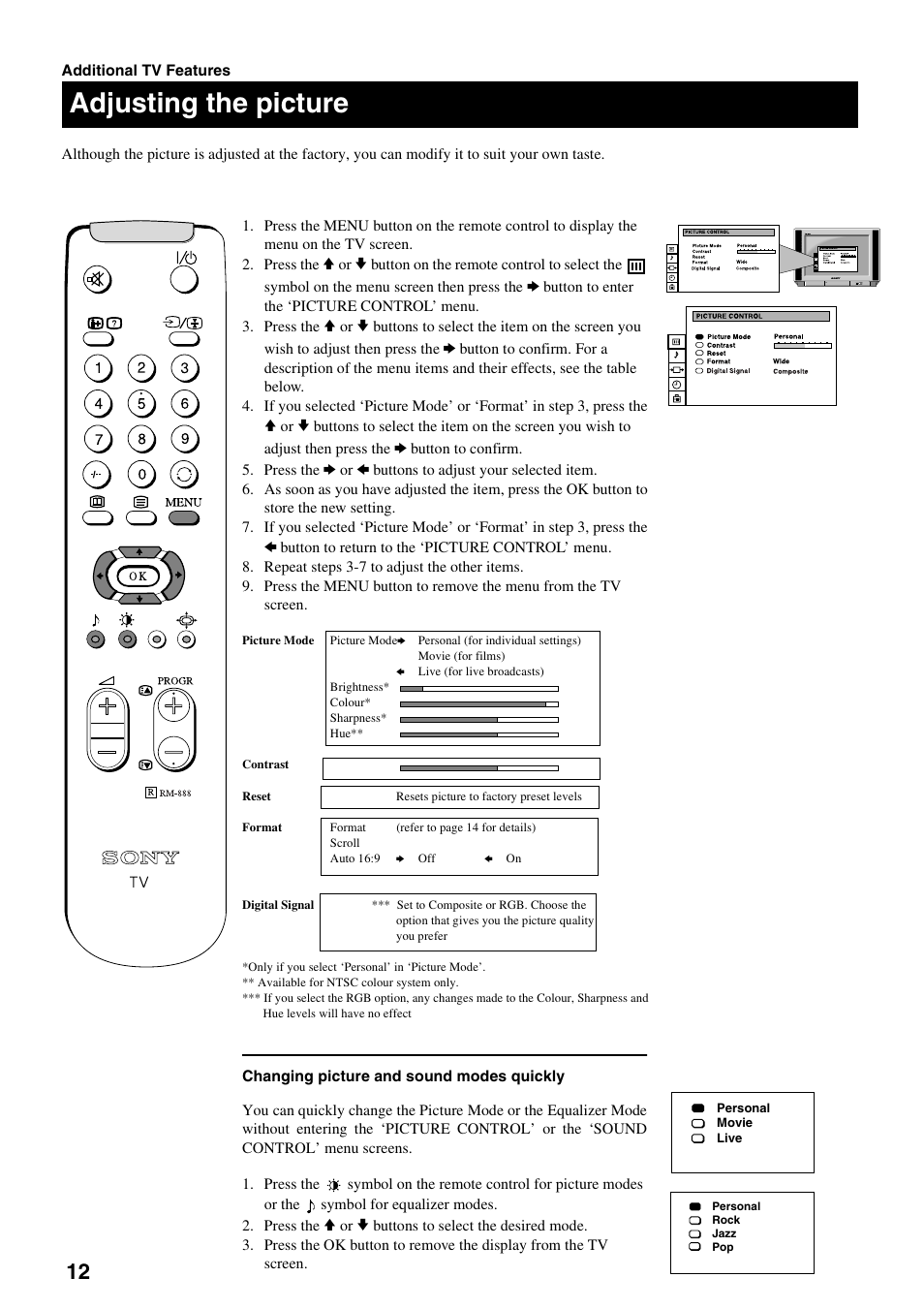 Adjusting the picture | Sony FD Trinitron KV-32DX20U User Manual | Page 14 / 34