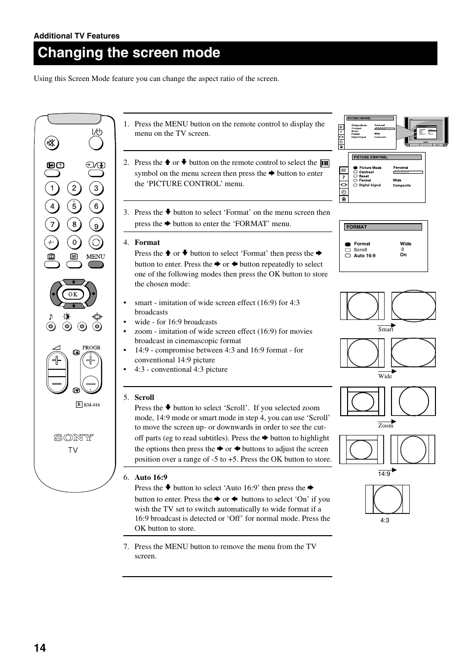 Changing the screen mode | Sony FD Trinitron KV-32DX20U User Manual | Page 16 / 34