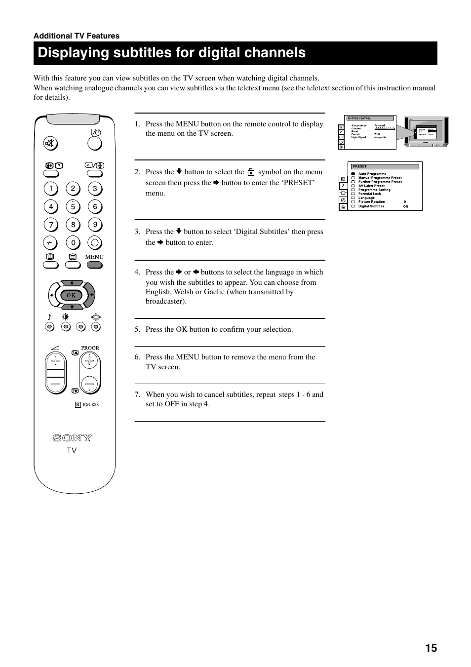 Displaying subtitles for digital channels | Sony FD Trinitron KV-32DX20U User Manual | Page 17 / 34
