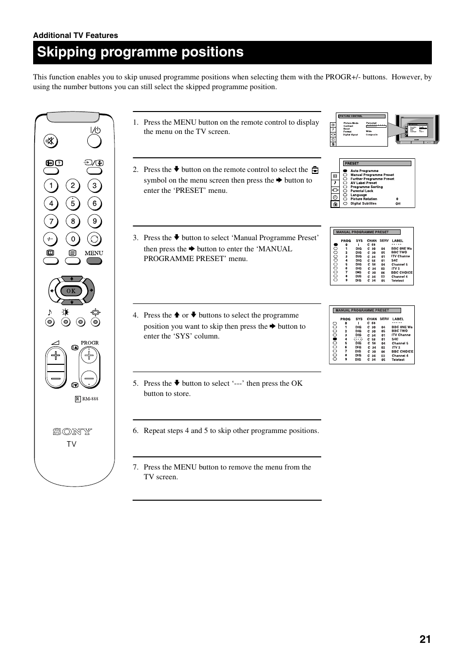 Skipping programme positions | Sony FD Trinitron KV-32DX20U User Manual | Page 23 / 34
