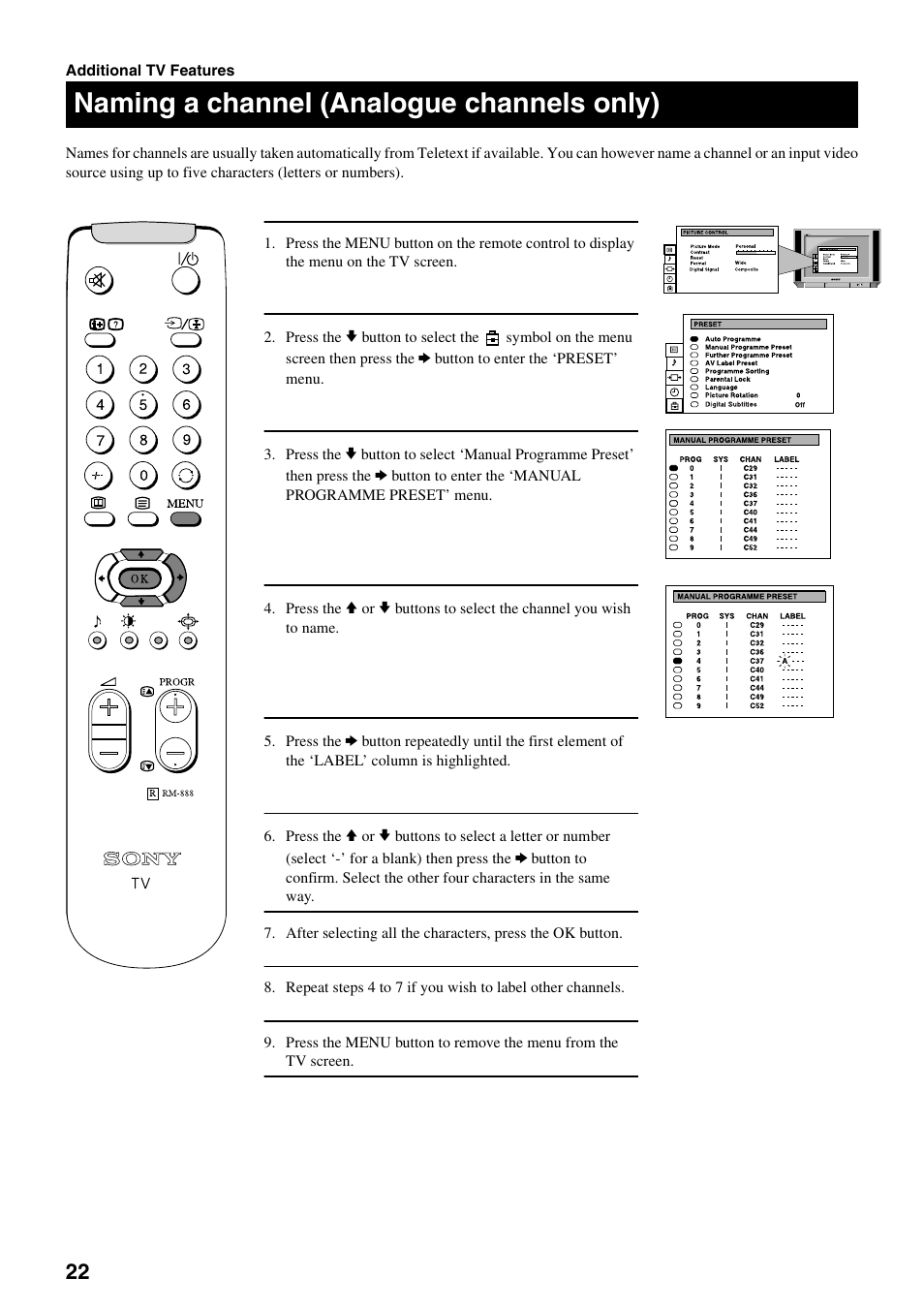 Naming a channel (analogue channels only) | Sony FD Trinitron KV-32DX20U User Manual | Page 24 / 34