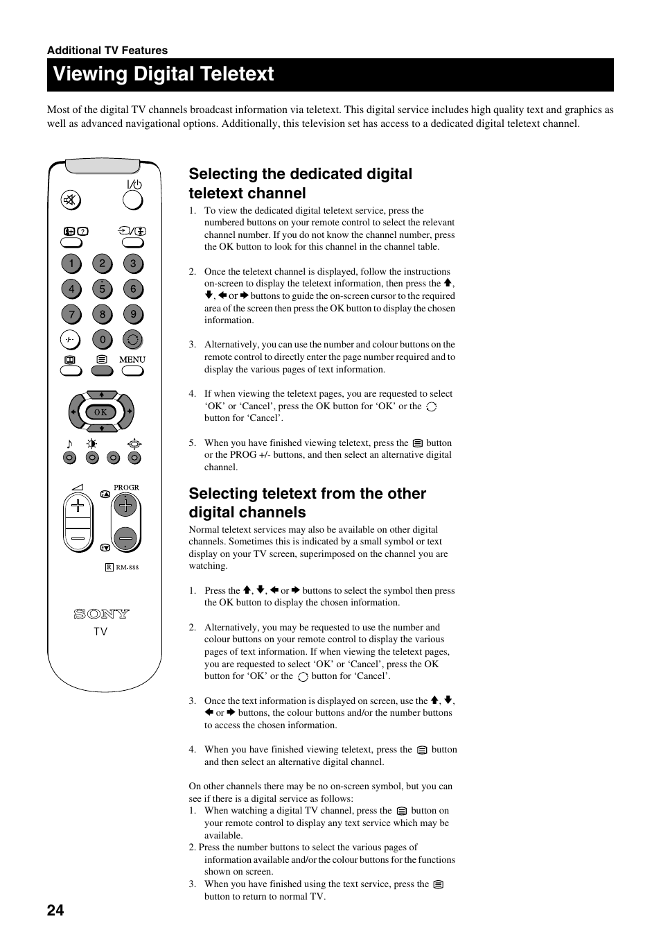 Viewing digital teletext, Selecting the dedicated digital teletext channel, Selecting teletext from the other digital channels | Sony FD Trinitron KV-32DX20U User Manual | Page 26 / 34