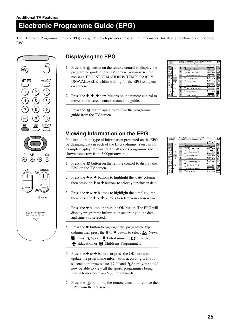 Electronic programme guide (epg), Viewing information on the epg, Displaying the epg | Sony FD Trinitron KV-32DX20U User Manual | Page 27 / 34