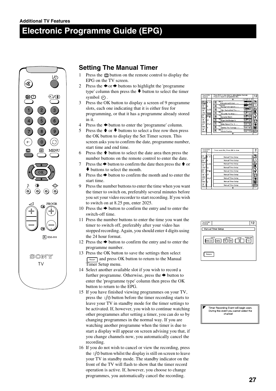 Electronic programme guide (epg), Setting the manual timer | Sony FD Trinitron KV-32DX20U User Manual | Page 29 / 34