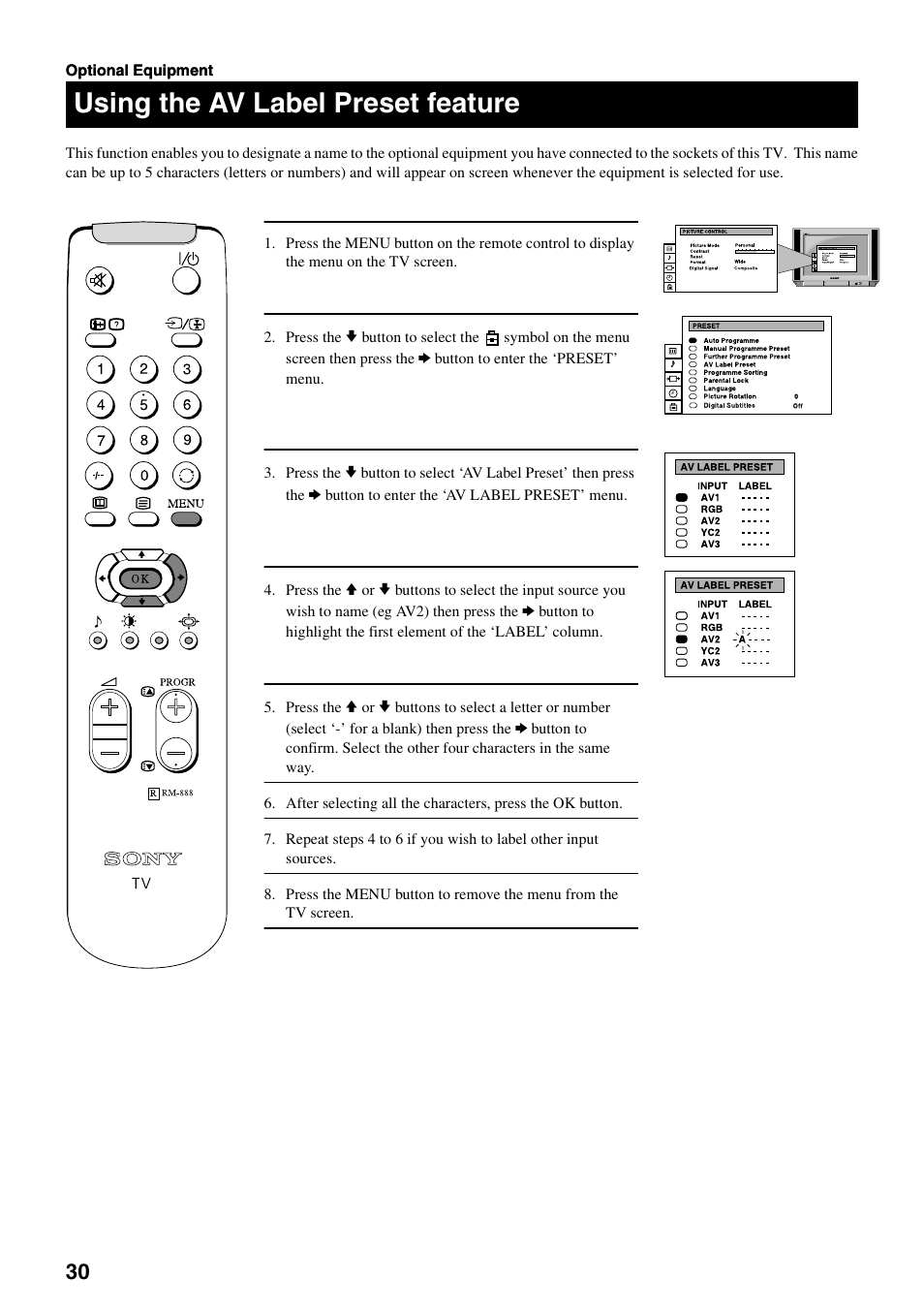 Connecting equipment to the tv, Using the av label preset feature | Sony FD Trinitron KV-32DX20U User Manual | Page 32 / 34