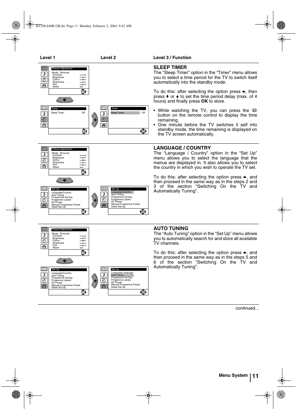 Sleep timer, Language / country, Auto tuning | Level 1 level 2 level 3 / function, Menu system continued | Sony FD Trinitron KV-29LS40K User Manual | Page 11 / 124