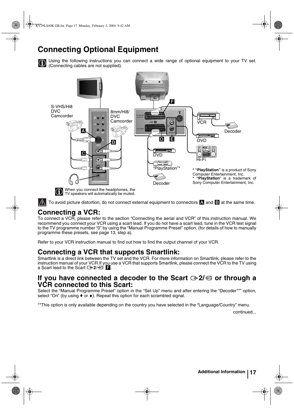 Connecting optional equipment, Connecting a vcr, Connecting a vcr that supports smartlink | Sony FD Trinitron KV-29LS40K User Manual | Page 17 / 124