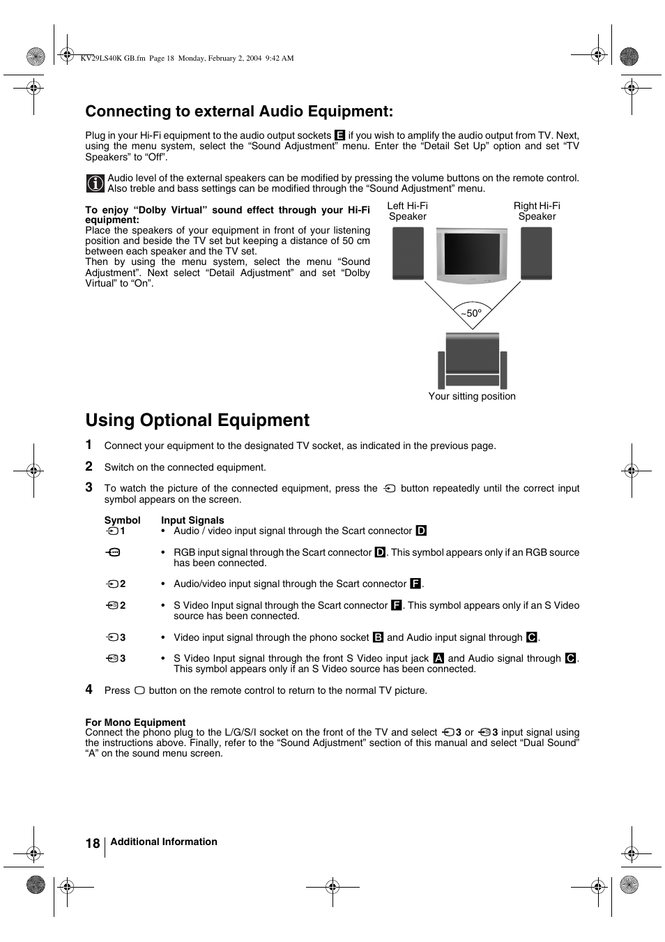 Using optional equipment, Connecting to external audio equipment | Sony FD Trinitron KV-29LS40K User Manual | Page 18 / 124
