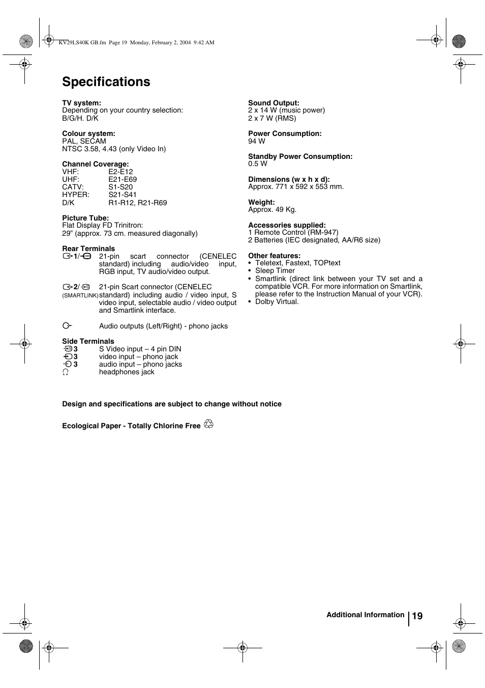 Specifications | Sony FD Trinitron KV-29LS40K User Manual | Page 19 / 124