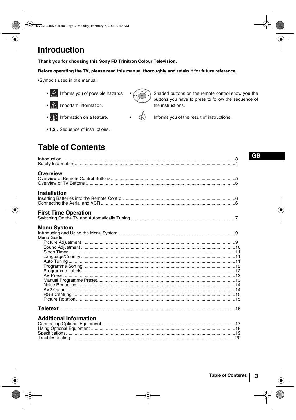 Sony FD Trinitron KV-29LS40K User Manual | Page 3 / 124