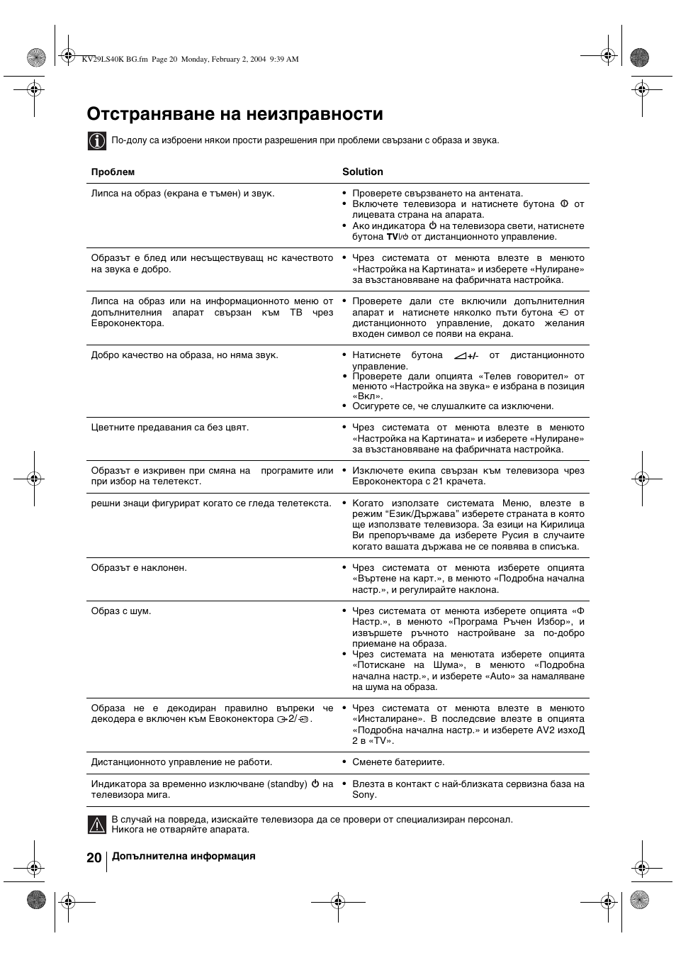 Отстраняване на неизправности | Sony FD Trinitron KV-29LS40K User Manual | Page 40 / 124