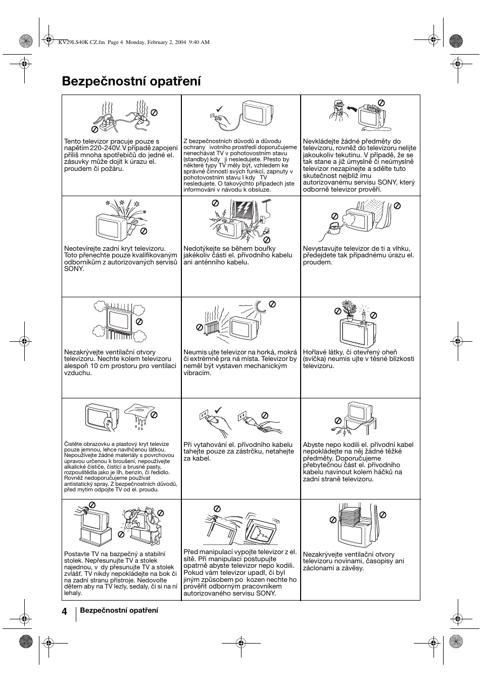 Bezpečnostní opatření | Sony FD Trinitron KV-29LS40K User Manual | Page 44 / 124