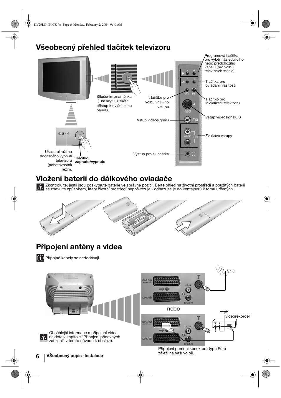 Všeobecný přehled tlačítek televizoru, Vložení baterií do dálkového ovladače, Připojení antény a videa | Nebo, Eobecný popis -instalace, Přípojné kabely se nedodávají | Sony FD Trinitron KV-29LS40K User Manual | Page 46 / 124