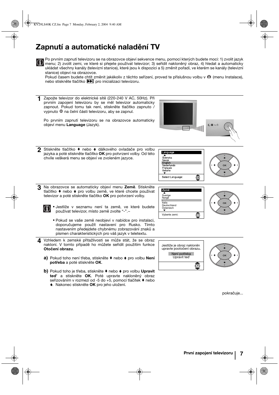Zapnutí a automatické naladění tv | Sony FD Trinitron KV-29LS40K User Manual | Page 47 / 124