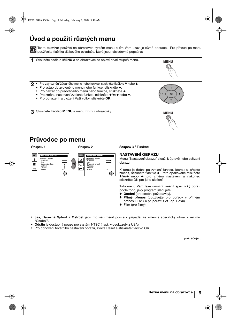 Úvod a použití různých menu, Průvodce po menu | Sony FD Trinitron KV-29LS40K User Manual | Page 49 / 124
