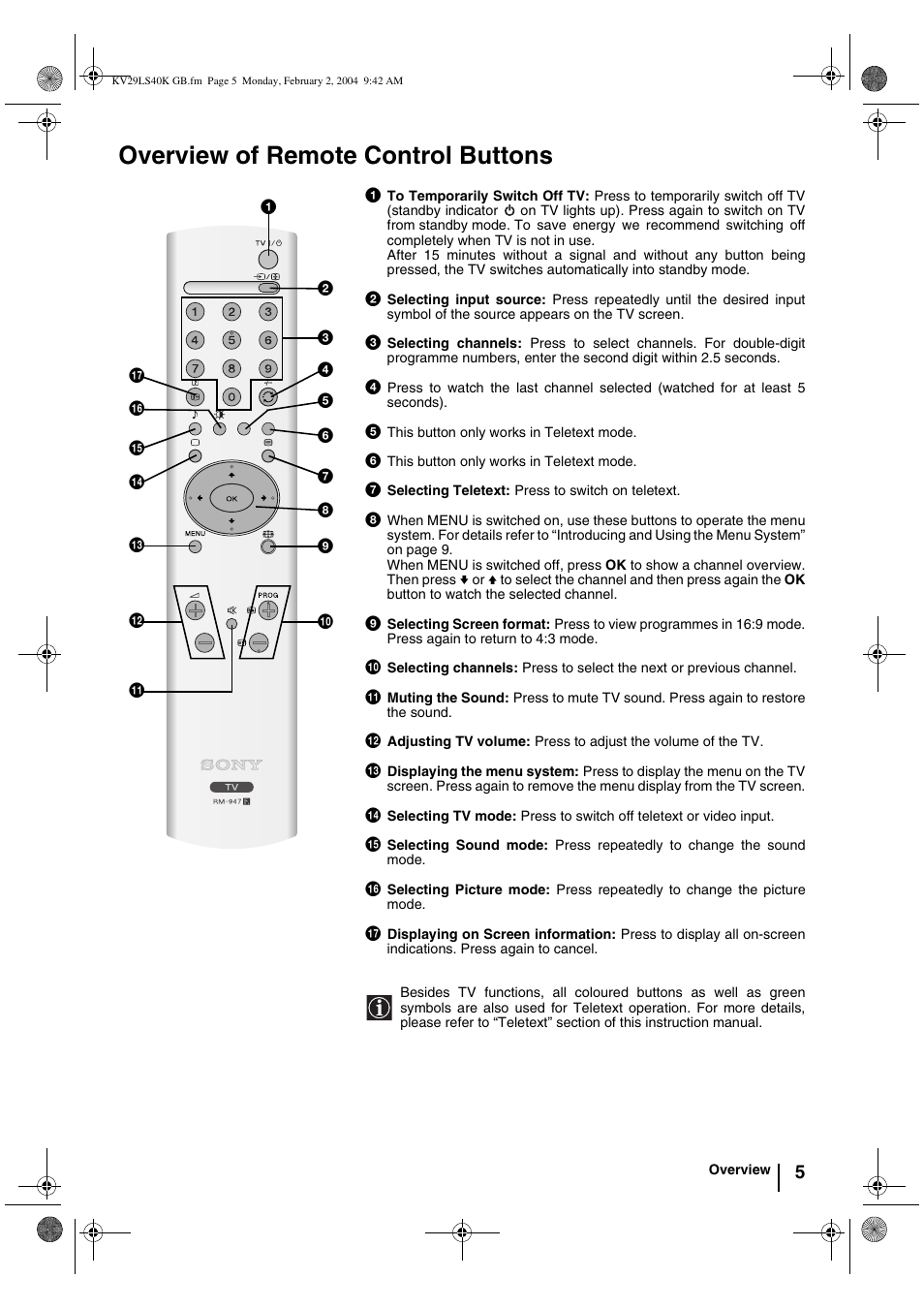 Overview of remote control buttons | Sony FD Trinitron KV-29LS40K User Manual | Page 5 / 124