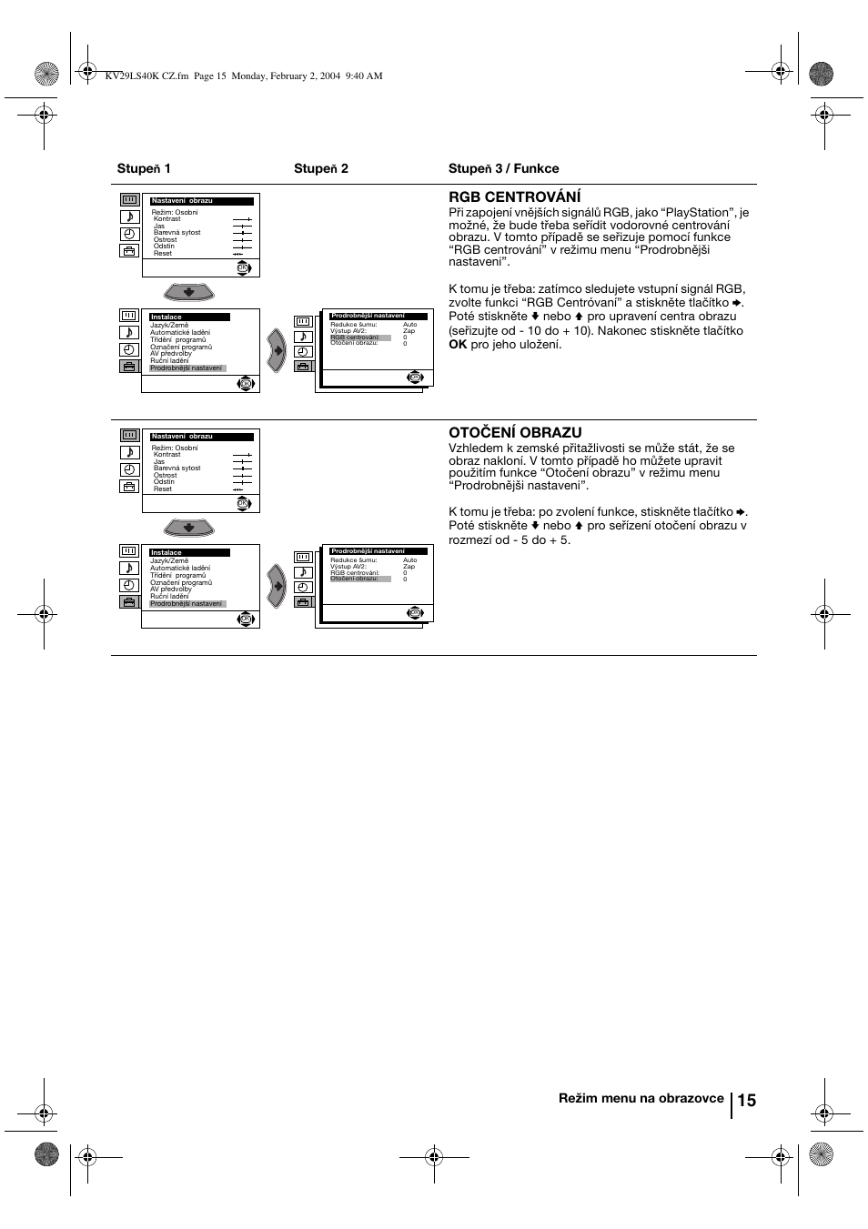 Rgb centrování, Otočení obrazu | Sony FD Trinitron KV-29LS40K User Manual | Page 55 / 124
