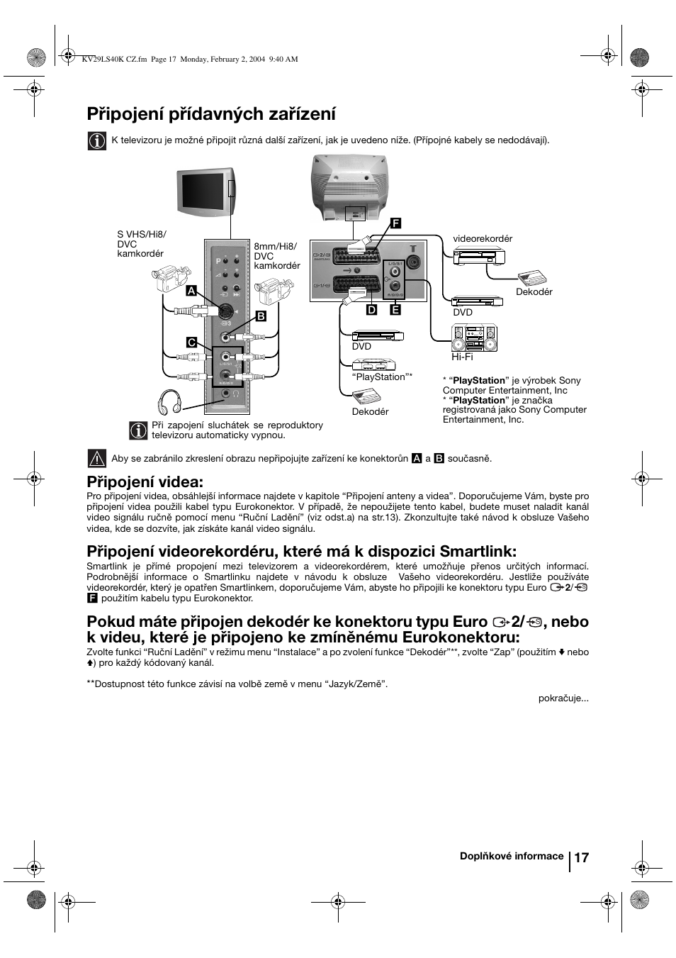 Připojení přídavných zařízení, Připojení videa | Sony FD Trinitron KV-29LS40K User Manual | Page 57 / 124