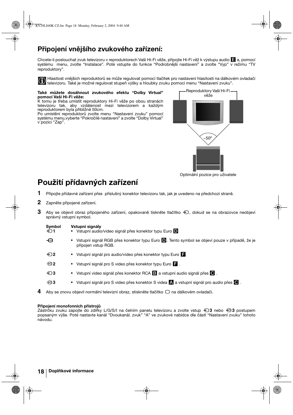 Použití přídavných zařízení, Připojení vnějšího zvukového zařízení | Sony FD Trinitron KV-29LS40K User Manual | Page 58 / 124