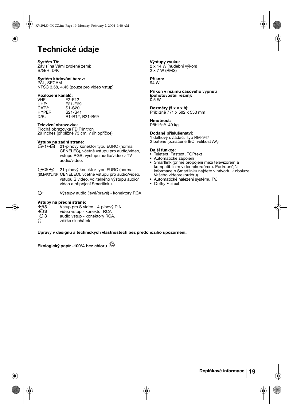 Technické údaje | Sony FD Trinitron KV-29LS40K User Manual | Page 59 / 124