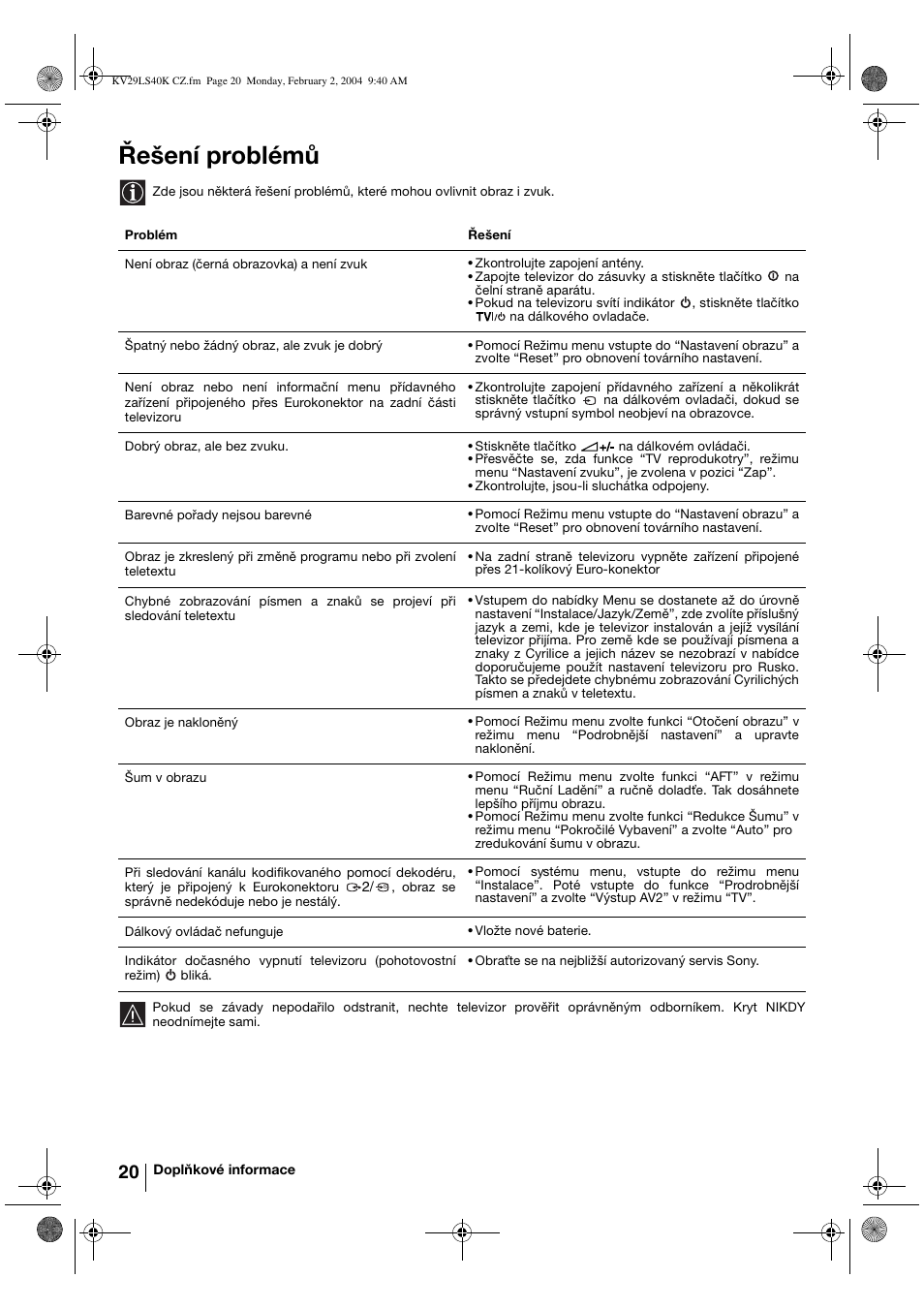 Řešení problémů | Sony FD Trinitron KV-29LS40K User Manual | Page 60 / 124