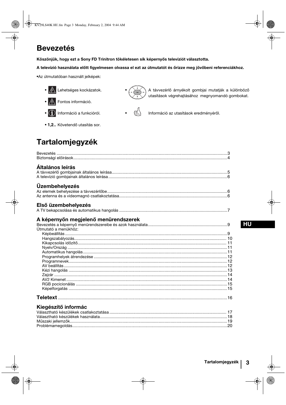 Bevezetés, Tartalomjegyzék | Sony FD Trinitron KV-29LS40K User Manual | Page 63 / 124