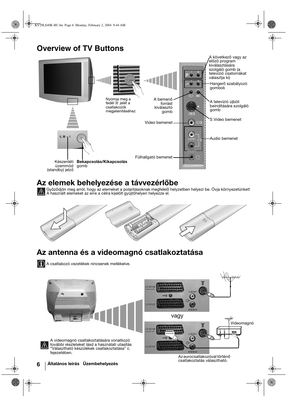 Overview of tv buttons, Az elemek behelyezése a távvezérlőbe, Az antenna és a videomagnó csatlakoztatása | Vagy, Általános leírás üzembehelyezés, A csatlakozó vezetékek nincsenek mellékelve | Sony FD Trinitron KV-29LS40K User Manual | Page 66 / 124