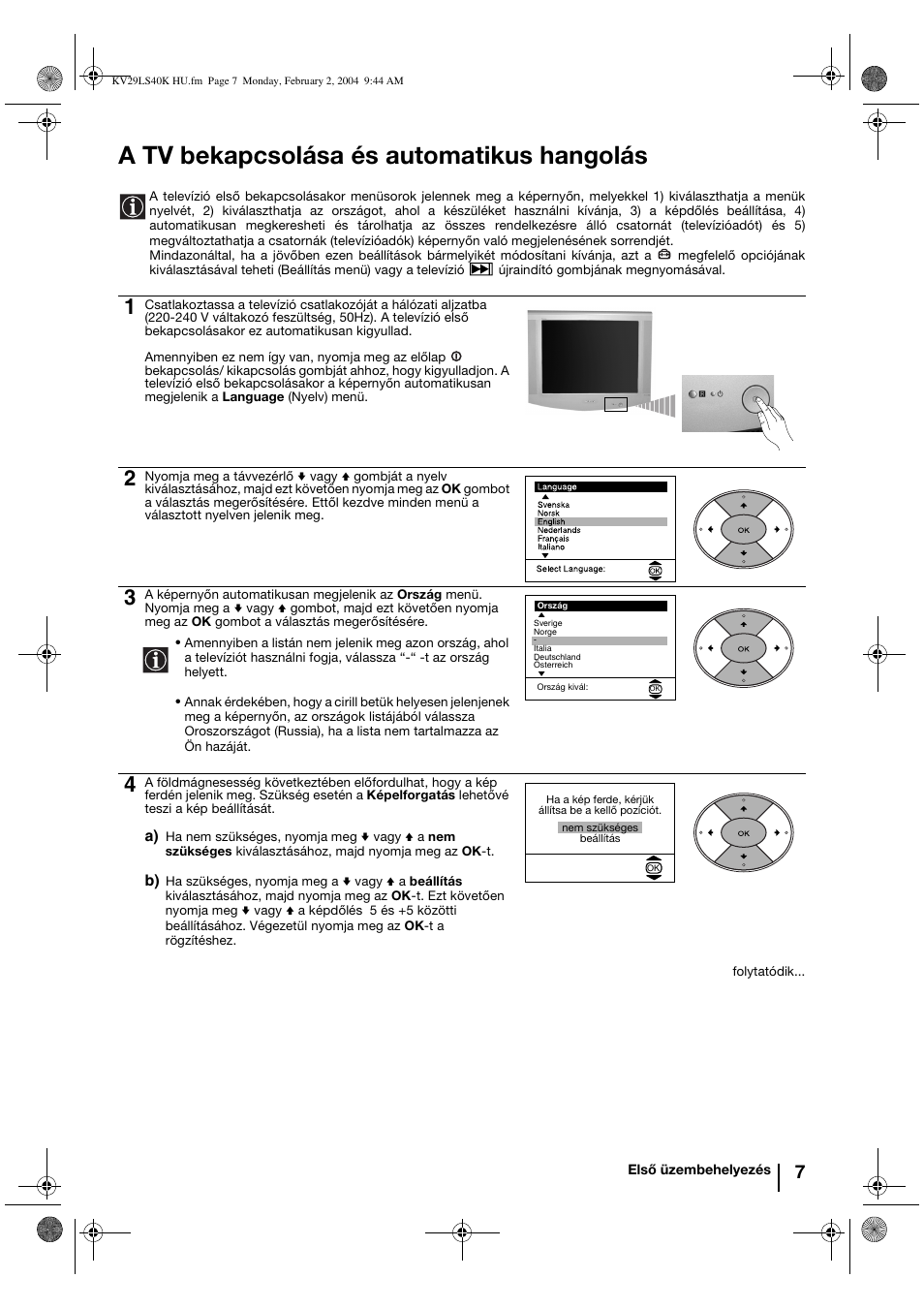 A tv bekapcsolása és automatikus hangolás | Sony FD Trinitron KV-29LS40K User Manual | Page 67 / 124