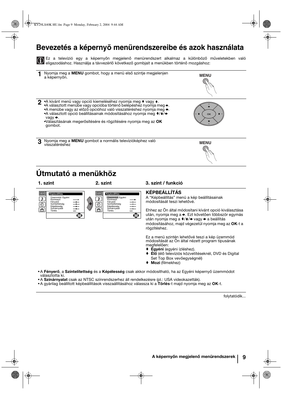 Útmutató a menükhöz | Sony FD Trinitron KV-29LS40K User Manual | Page 69 / 124
