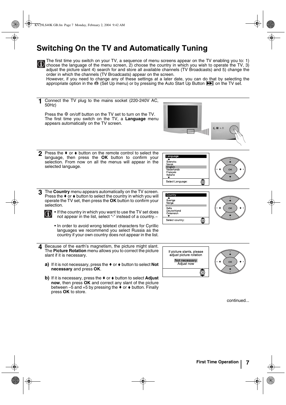 Switching on the tv and automatically tuning | Sony FD Trinitron KV-29LS40K User Manual | Page 7 / 124