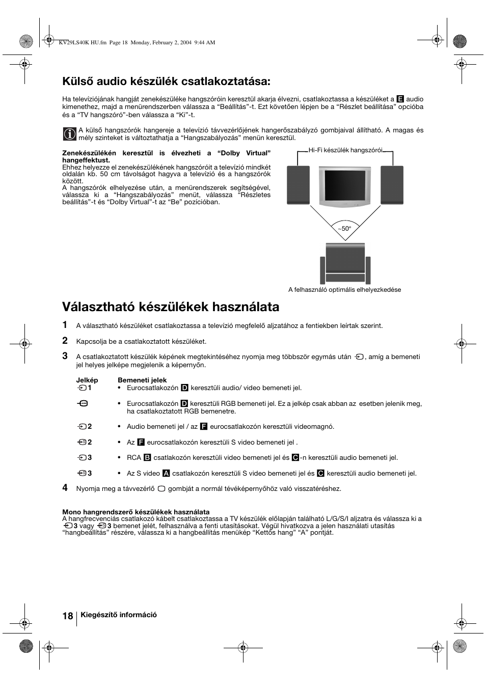 Választható készülékek használata, Külső audio készülék csatlakoztatása | Sony FD Trinitron KV-29LS40K User Manual | Page 78 / 124
