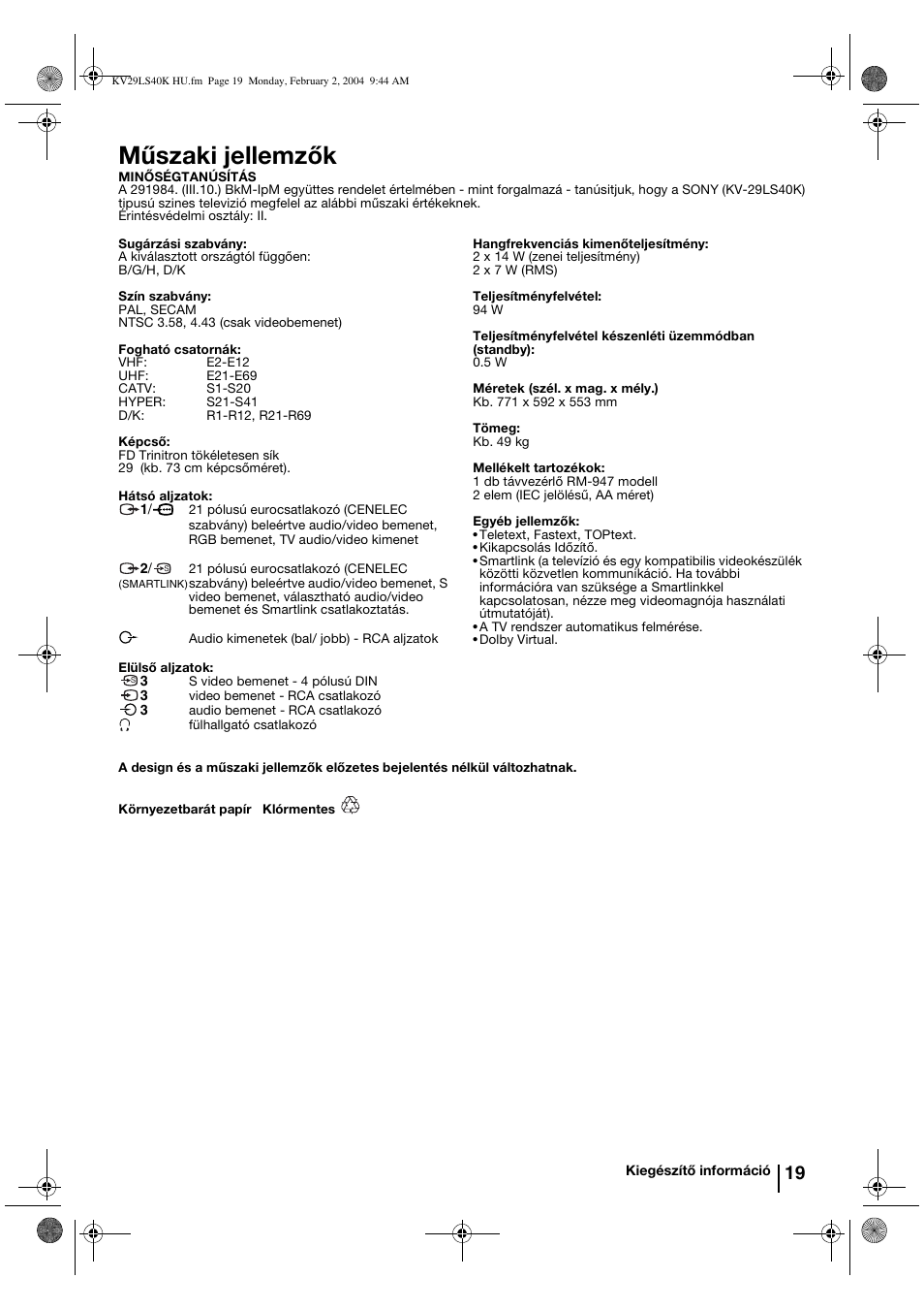 Műszaki jellemzők | Sony FD Trinitron KV-29LS40K User Manual | Page 79 / 124