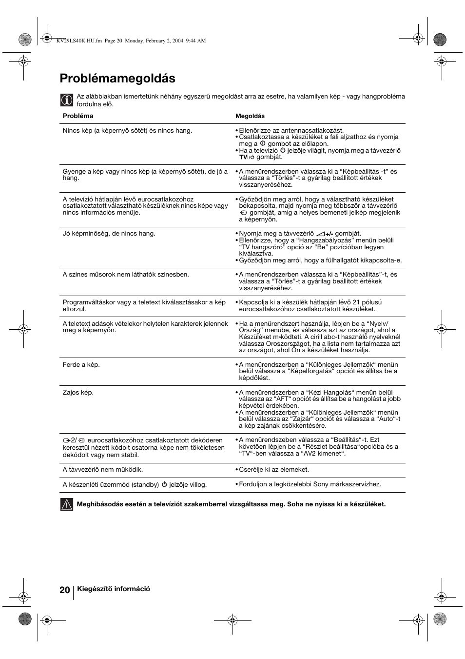 Problémamegoldás | Sony FD Trinitron KV-29LS40K User Manual | Page 80 / 124