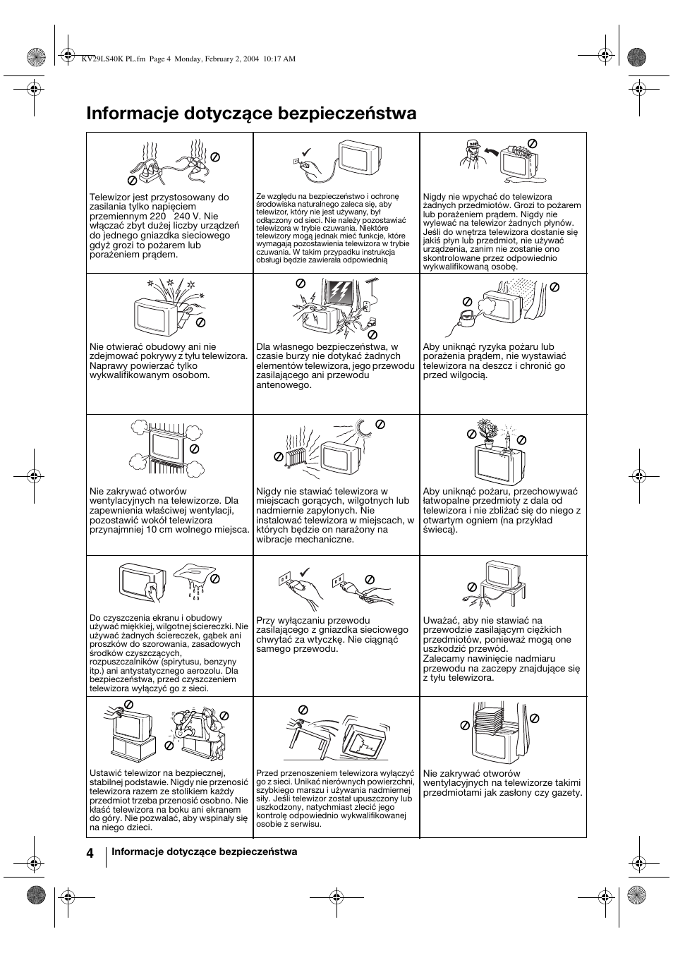 Informacje dotyczące bezpieczeństwa | Sony FD Trinitron KV-29LS40K User Manual | Page 84 / 124