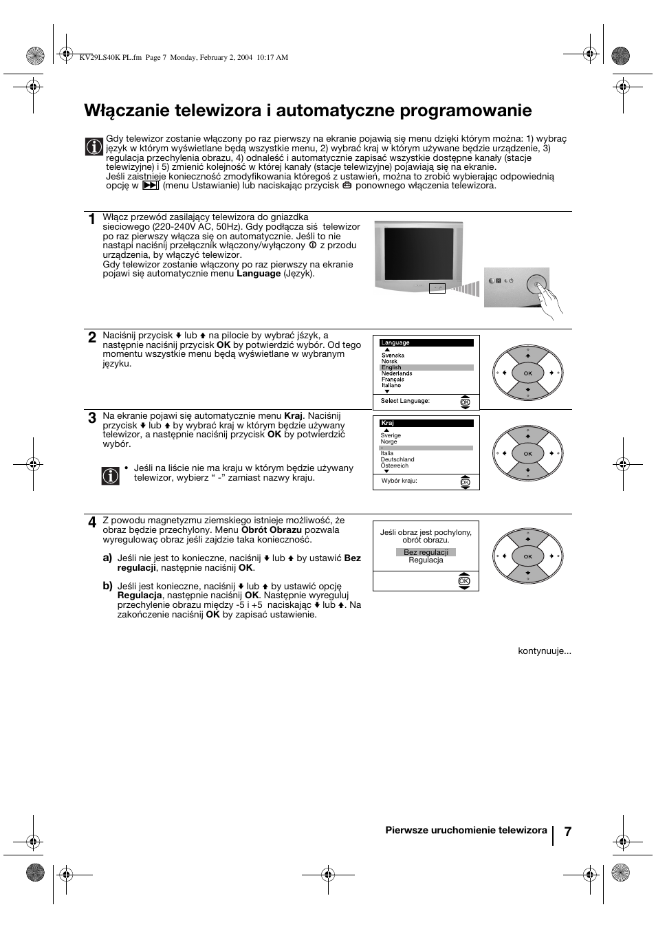 Włączanie telewizora i automatyczne programowanie | Sony FD Trinitron KV-29LS40K User Manual | Page 87 / 124