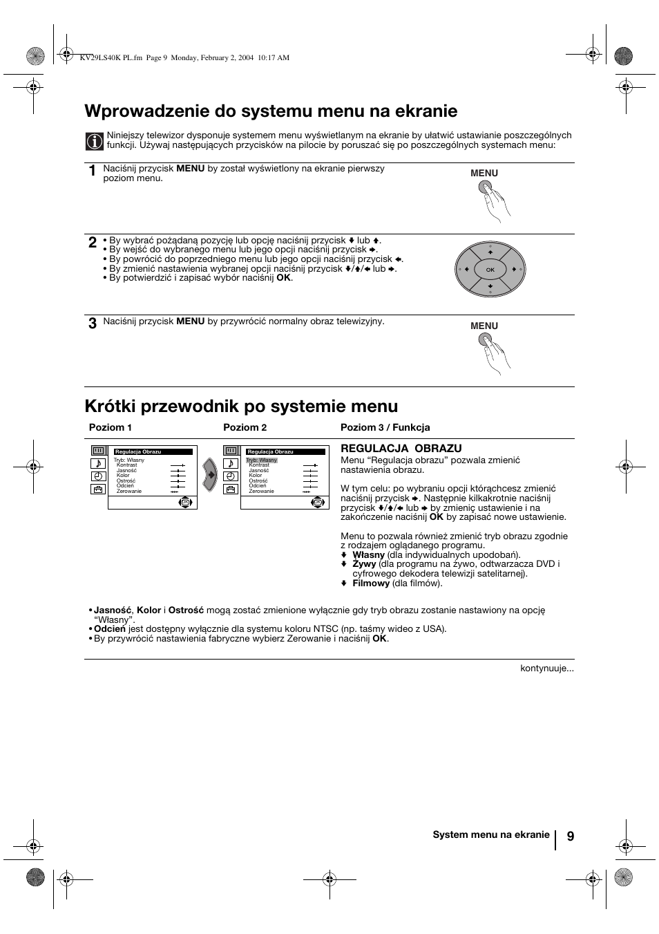 Wprowadzenie do systemu menu na ekranie, Krótki przewodnik po systemie menu | Sony FD Trinitron KV-29LS40K User Manual | Page 89 / 124