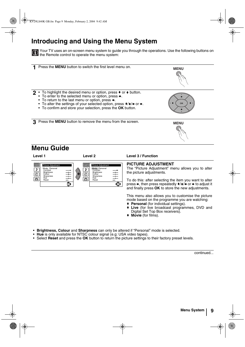 Introducing and using the menu system, Menu guide | Sony FD Trinitron KV-29LS40K User Manual | Page 9 / 124