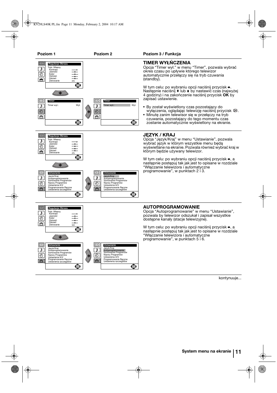 Timer wyłńczenia, Język / kraj, Autoprogramowanie | Poziom, Funkcja, System menu na ekranie | Sony FD Trinitron KV-29LS40K User Manual | Page 91 / 124