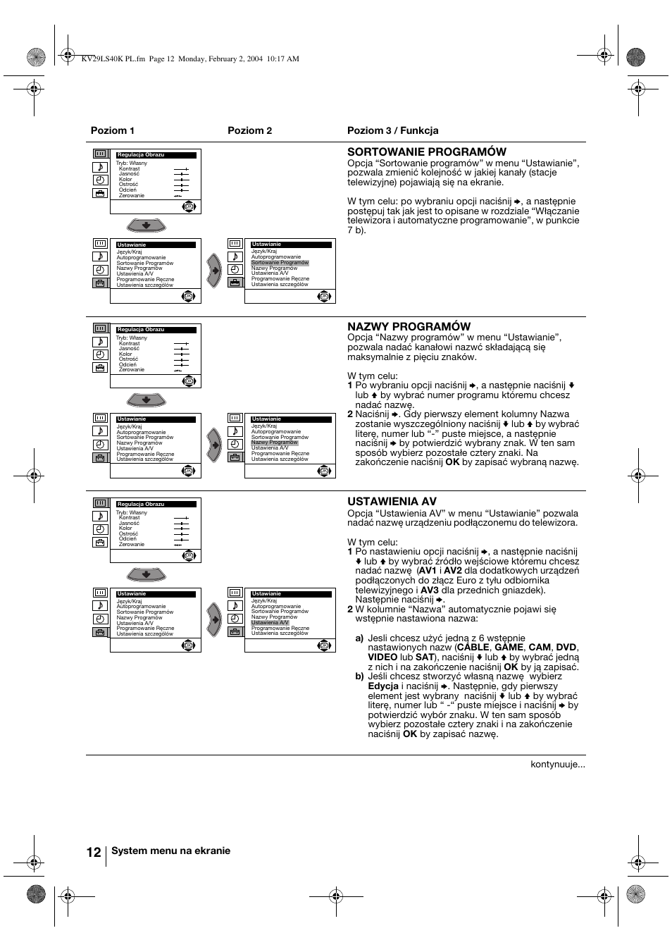 Sortowanie programów, Nazwy programów, Ustawienia av | Sony FD Trinitron KV-29LS40K User Manual | Page 92 / 124