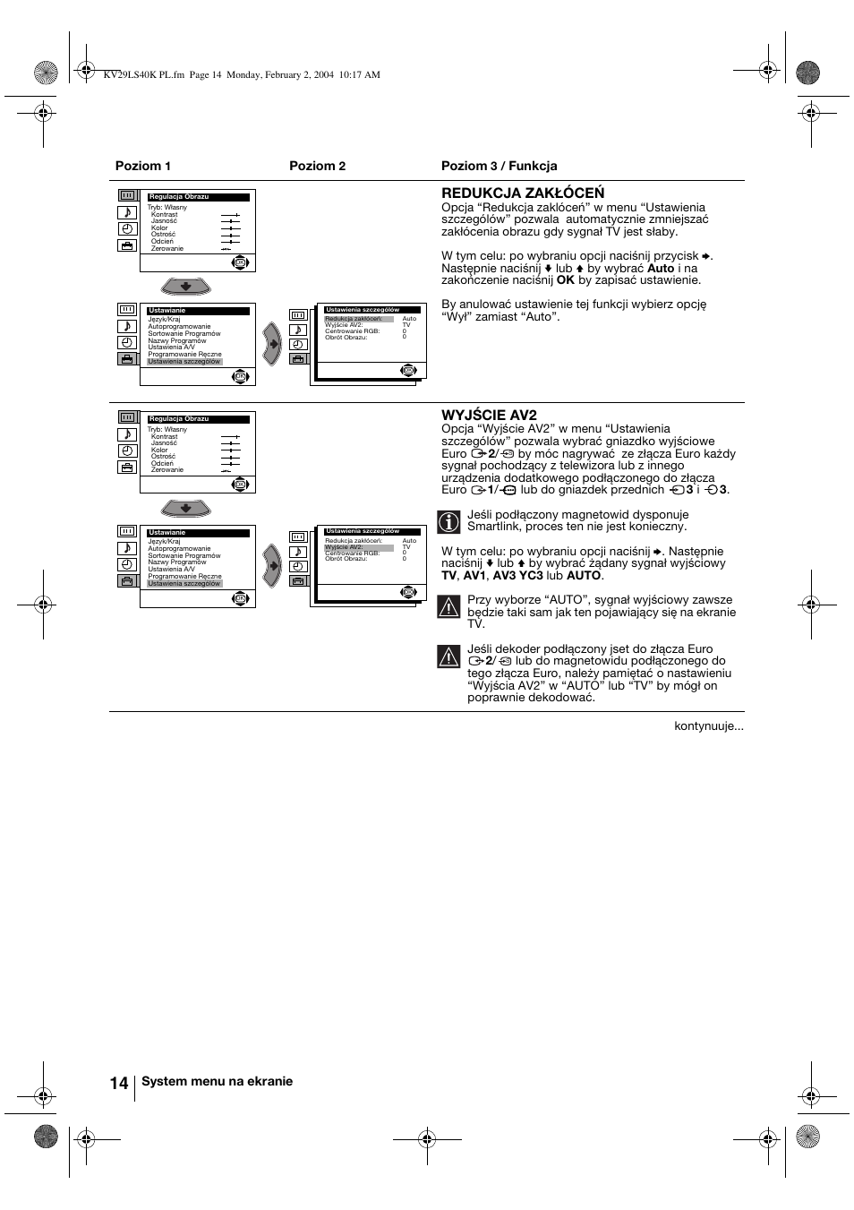 Redukcja zakłóceń, Wyjście av2 | Sony FD Trinitron KV-29LS40K User Manual | Page 94 / 124