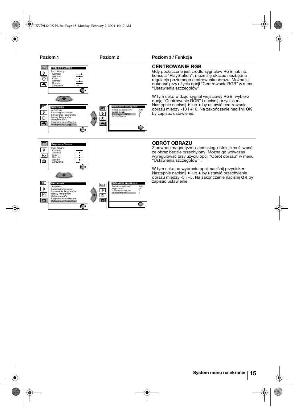 Centrowanie rgb, Obrót obrazu, Poziom | Funkcja, System menu na ekranie | Sony FD Trinitron KV-29LS40K User Manual | Page 95 / 124