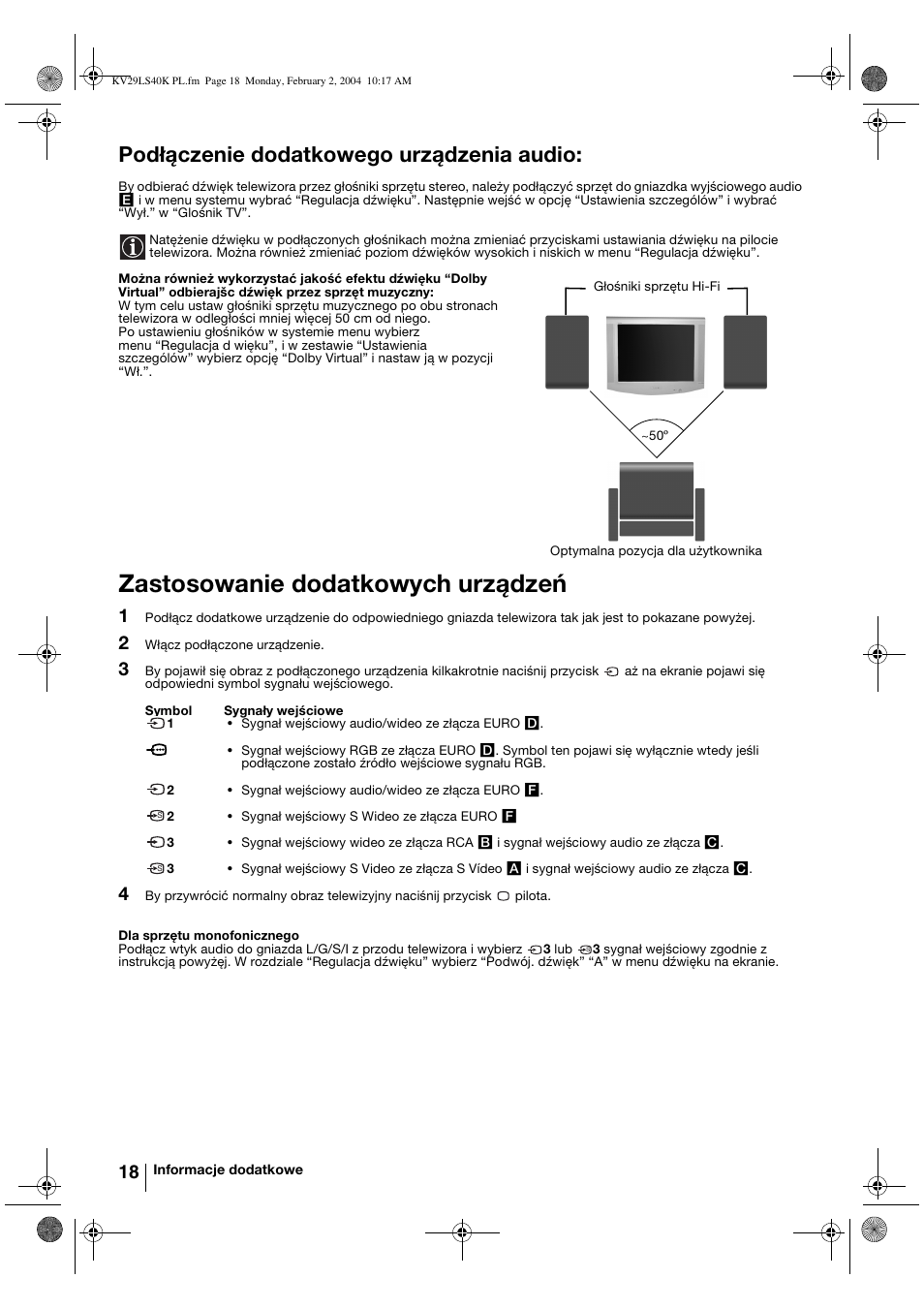 Zastosowanie dodatkowych urządzeń, Podłączenie dodatkowego urządzenia audio | Sony FD Trinitron KV-29LS40K User Manual | Page 98 / 124