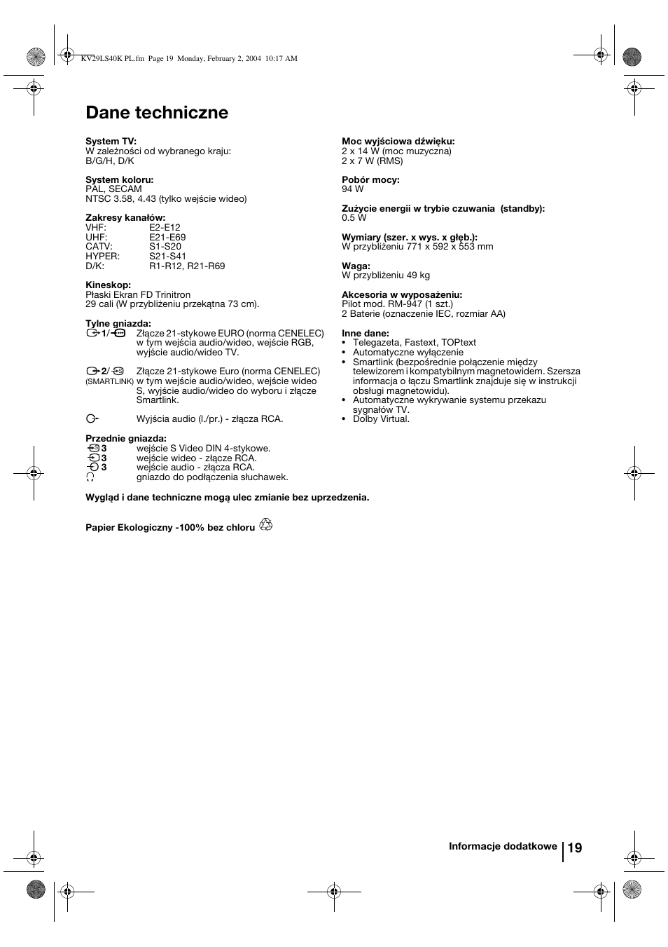 Dane techniczne | Sony FD Trinitron KV-29LS40K User Manual | Page 99 / 124