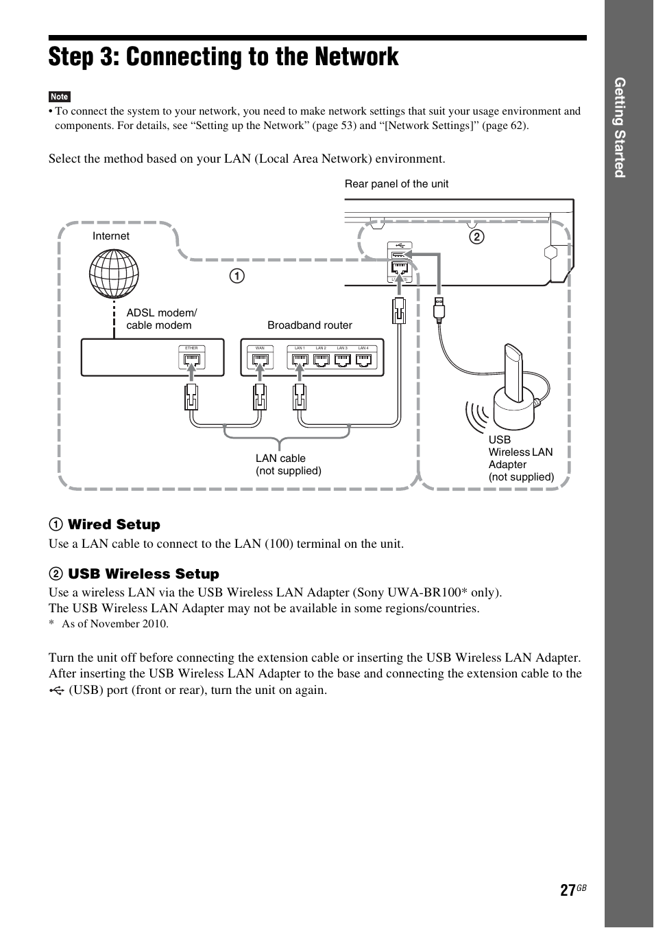 Step 3: connecting to the network, Step 3: connecting to the, Network | E 27), Ge tting star te d, 1wired setup, 2usb wireless setup | Sony BDV-E380 User Manual | Page 27 / 80