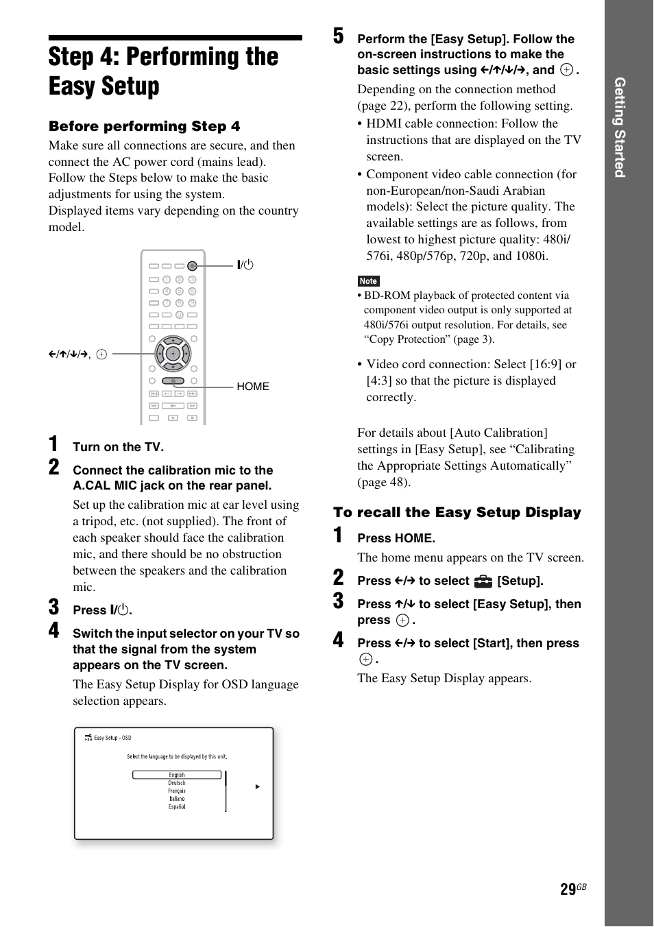 Step 4: performing the easy setup, Step 4: performing the easy, Setup | Es 29, E 29, E 29) | Sony BDV-E380 User Manual | Page 29 / 80