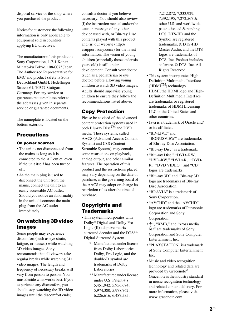 Precautions, On watching 3d video images, Copy protection | Copyrights and trademarks | Sony BDV-E380 User Manual | Page 3 / 80