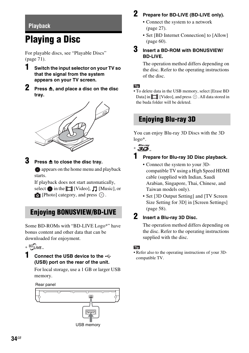 Playback, Playing a disc, Enjoying bonusview/bd-live | Enjoying blu-ray 3d, E 34, Es 34 | Sony BDV-E380 User Manual | Page 34 / 80