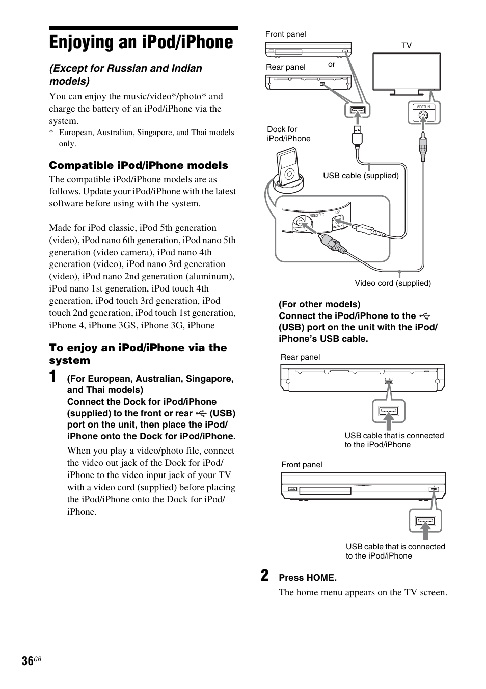 Enjoying an ipod/iphone | Sony BDV-E380 User Manual | Page 36 / 80